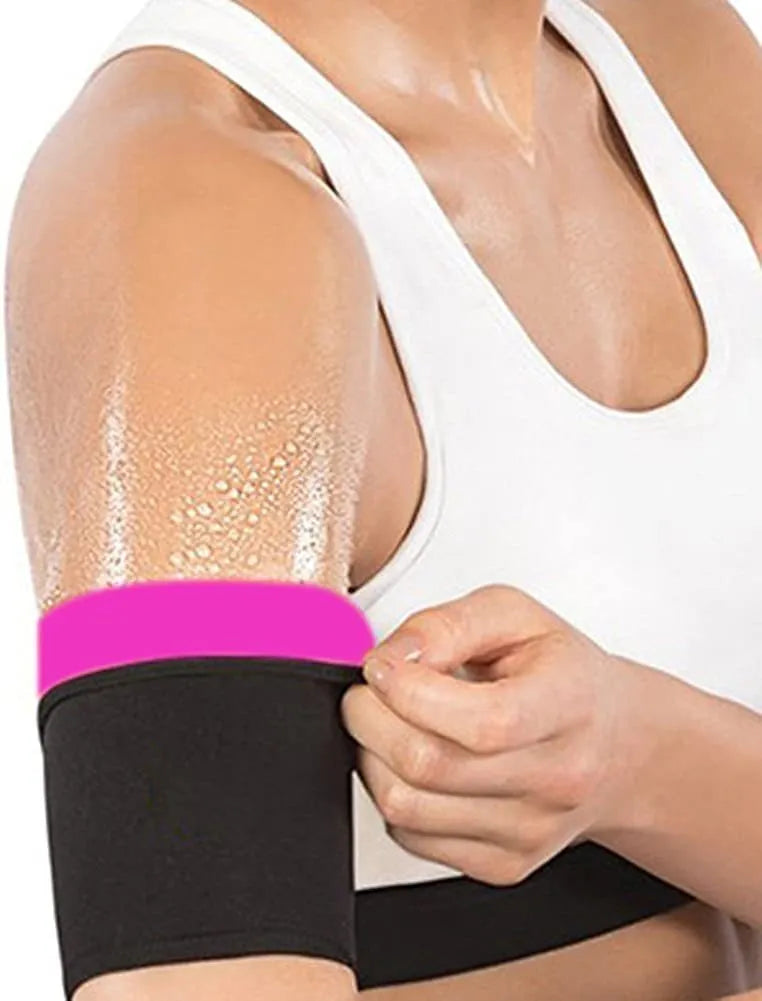 Blue and silver arm compression sweatbands shown in various sizes for sports and yoga.
