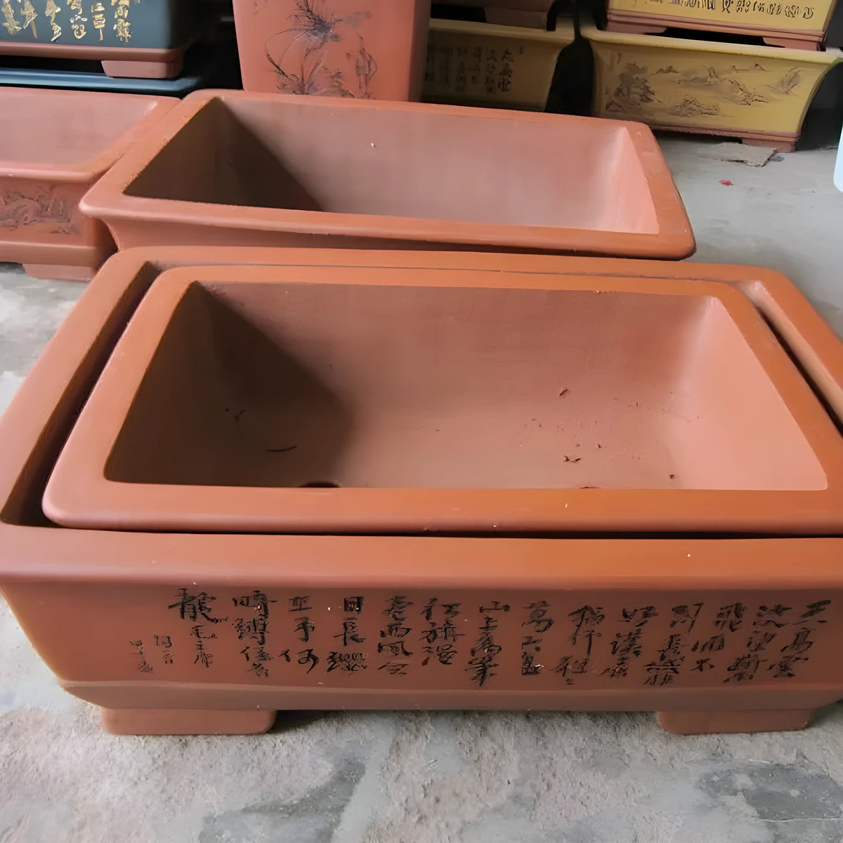 Yixing purple clay flower pots, set of 2 rectangular bonsai planters, large 60cm and small 50cm sizes