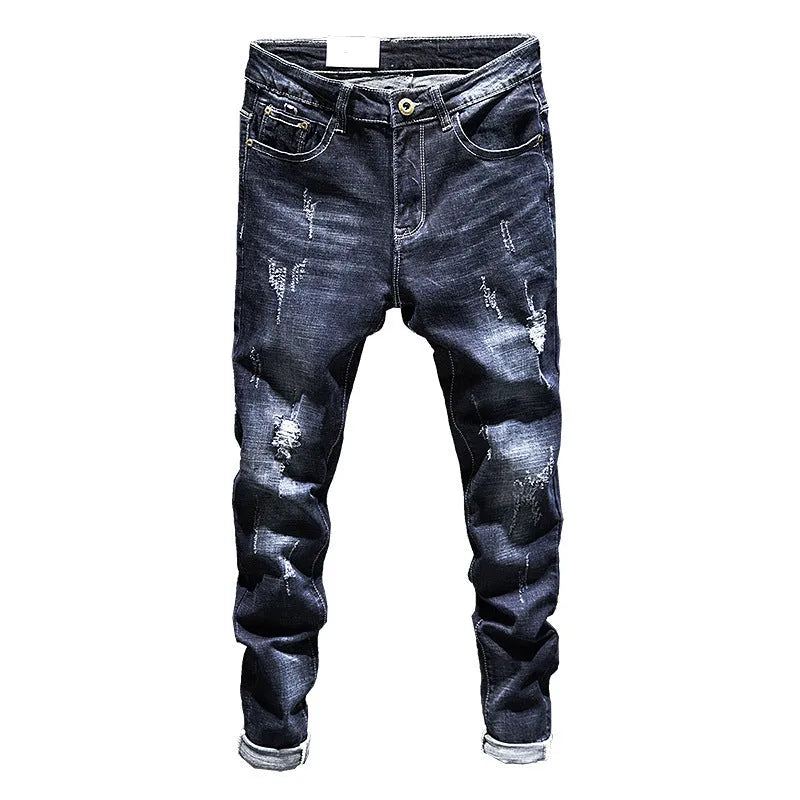 Men's slim-fit skinny jeans in dark blue denim with micro elasticity and mid-waist design