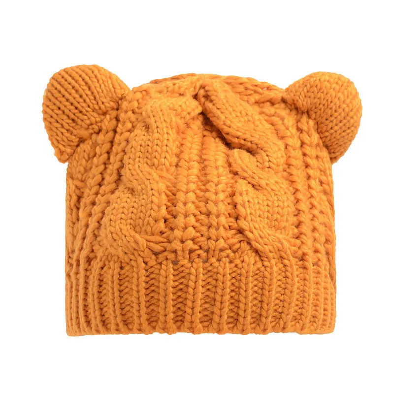 Hand made 3D cat ear knitted wool beanie in winter colours