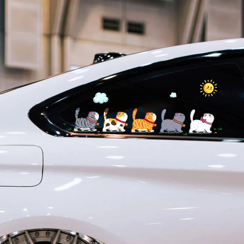 Waterproof PVC car sticker showing a design of five walking cats, available in multiple sizes.