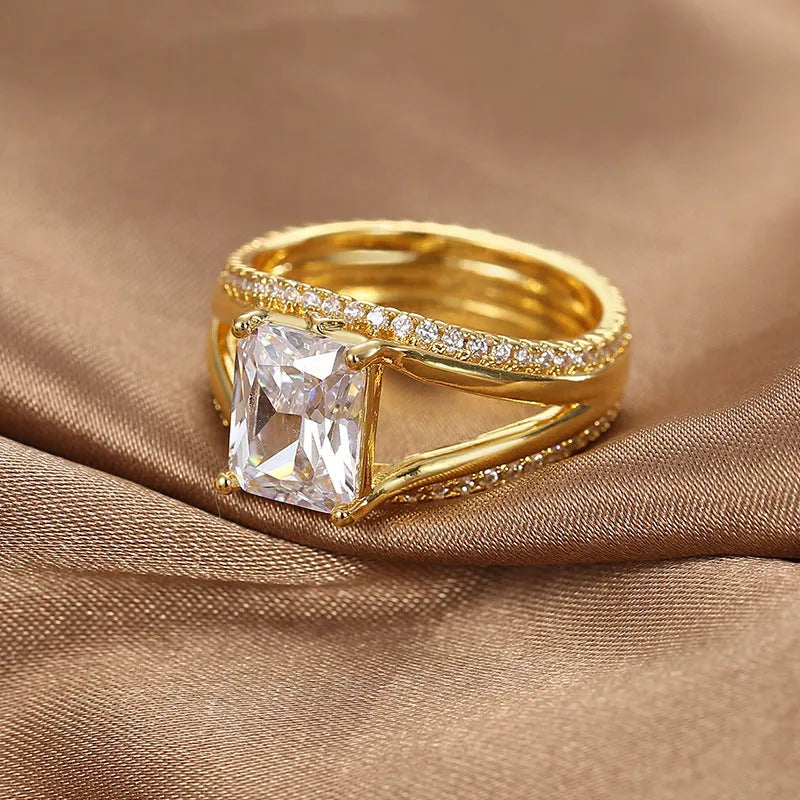 Gold square zircon copper ring geometric women's jewellery