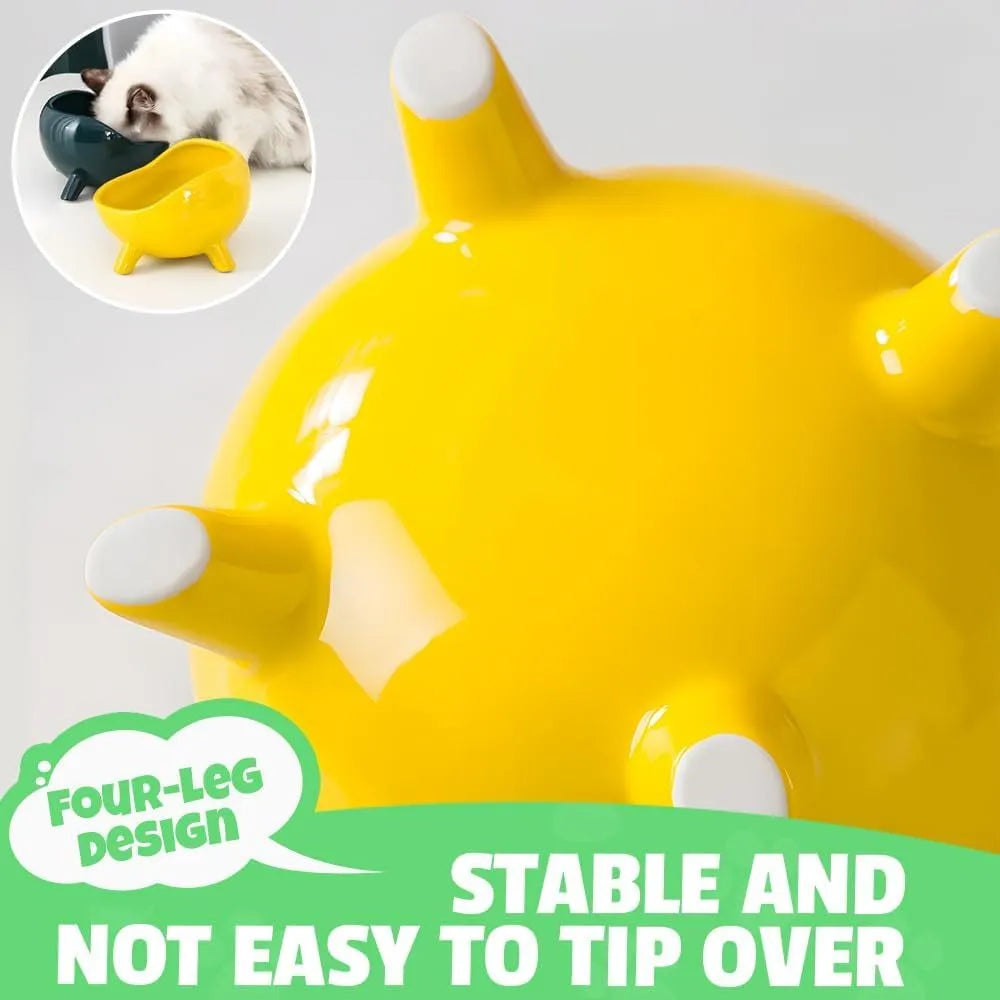 Green ceramic pet bowl with four legs and wide opening for cat or small dog feeding