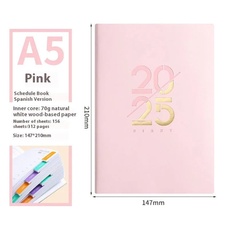 A5 daily schedule book with soft faux leather cover, open to show thread-bound 150 pages.