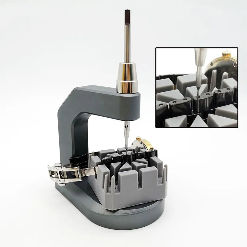Silver-coloured press strap removal tool made from tool steel for watch and electronics repair.