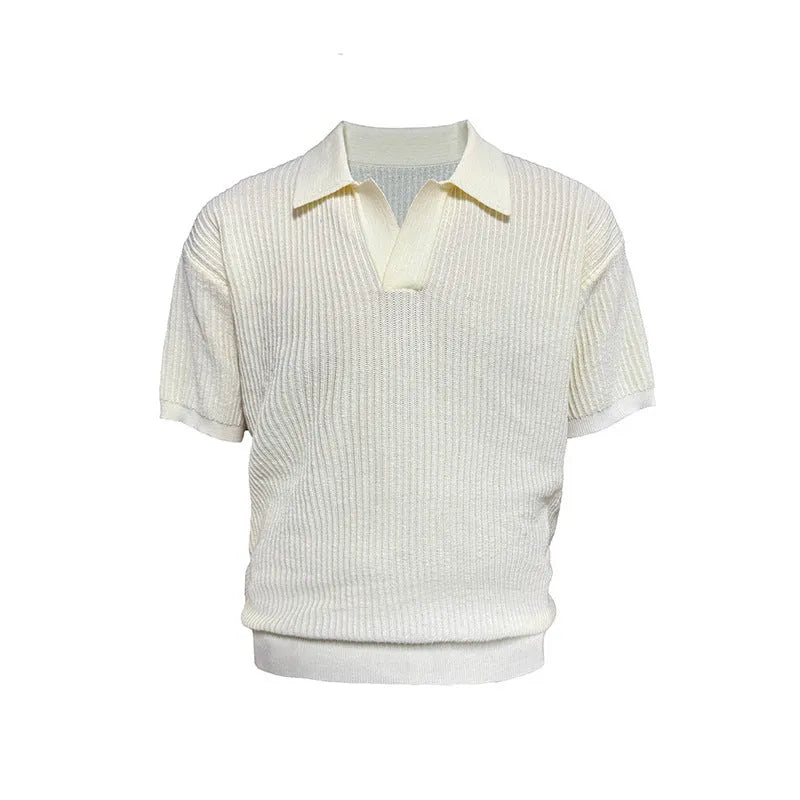 Men's striped collar polo shirt in ice silk fabric shown in creamy-white colour