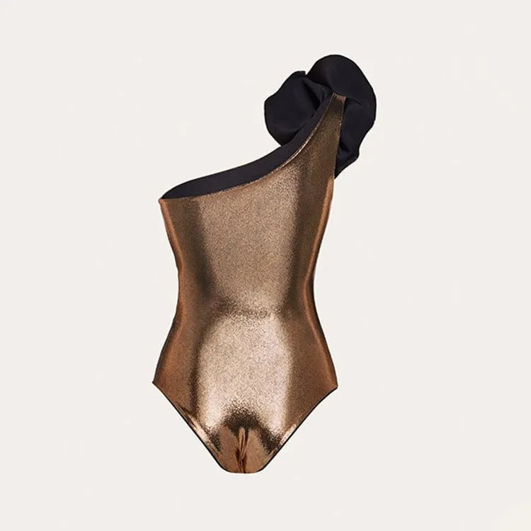 Handmade gold one-piece swimsuit with halter neck and hollow-out design