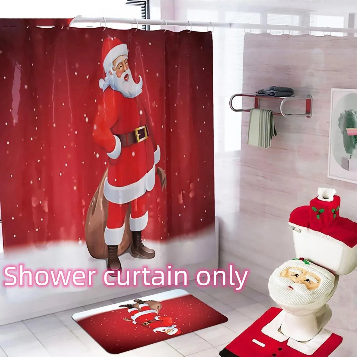 Christmas bathroom decoration set with flannel toilet cover, floor mat, and shower curtain in Santa design