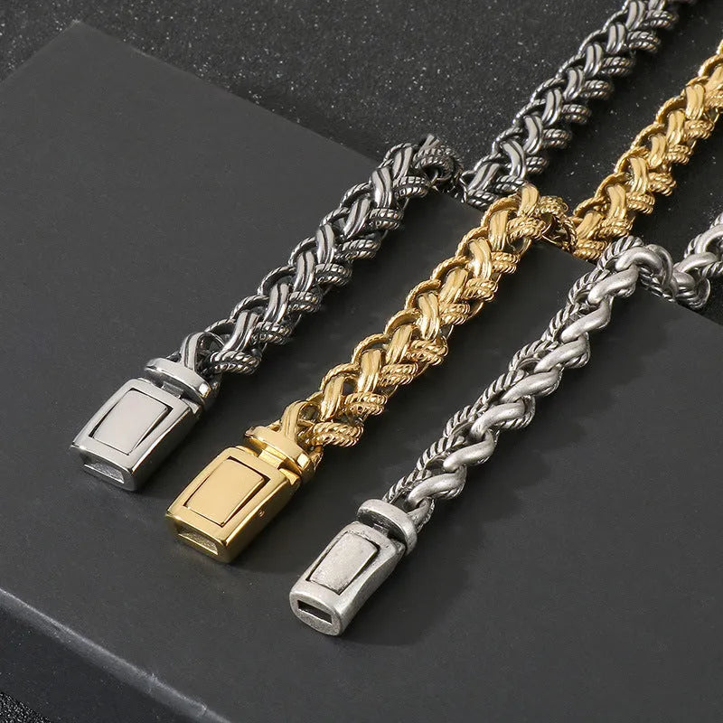 Men's titanium steel keel chain necklace with geometric twist design in antique silver finish