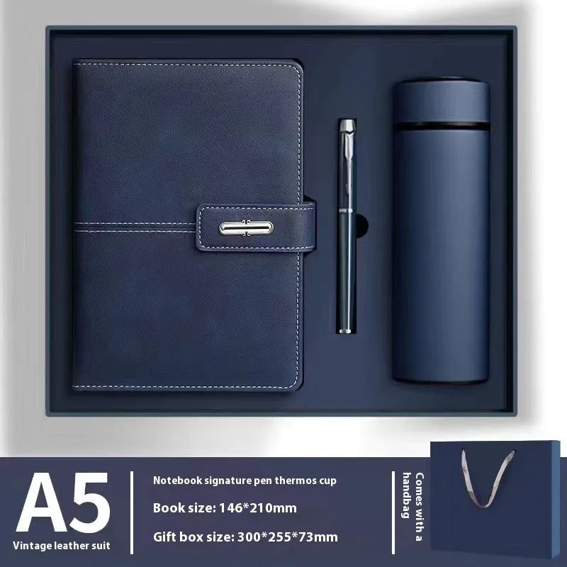 A5 notebook with PU leather cover shown in multiple colour options including black, red, green, blue, and orange.
