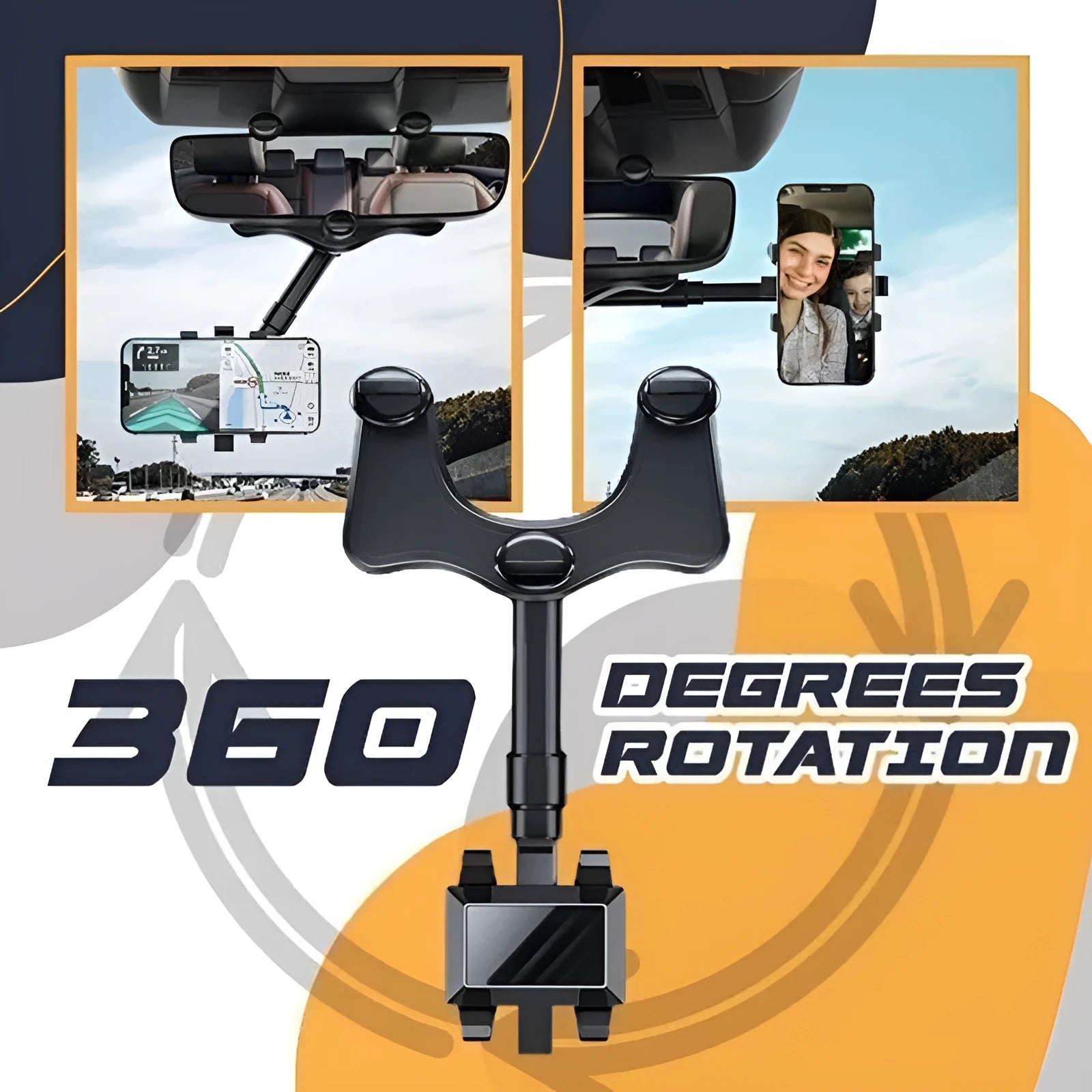 Black rearview mirror phone holder with 360 degree rotation and retractable arm for car mounting