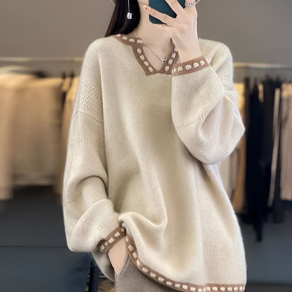 Women's camel V-neck viscose pullover sweater with long sleeves on hanger