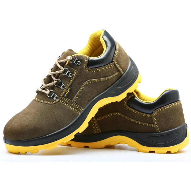 Bronze men's steel toe safety shoes with cow suede upper and patterned non-slip soles