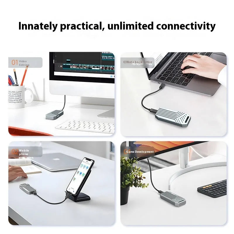 Aluminum USB 4.0 external enclosure for M.2 NVMe SSDs in silver colour showing compact dimensions