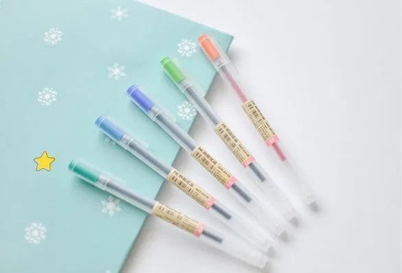Muji 12 Piece Gel Pen Set showing multiple pens with 0.5mm tips and aqueous ink