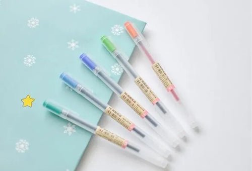 Muji 12 Piece Gel Pen Set showing multiple pens with 0.5mm tips and aqueous ink