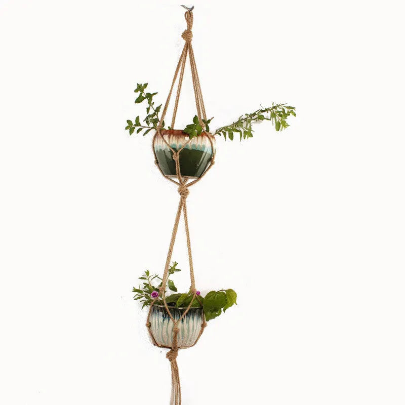 Woven wire rope plant holder with cotton rope in desktop, wall, and hanging styles.