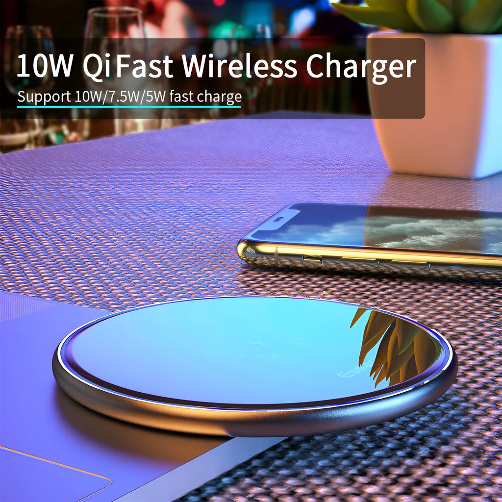 Black 15W fast wireless charging pad with anti-slip surface and LED light, measuring 10.1cm by 7cm