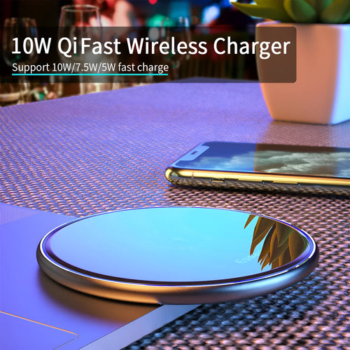 Black 15W fast wireless charging pad with anti-slip surface and LED light, measuring 10.1cm by 7cm