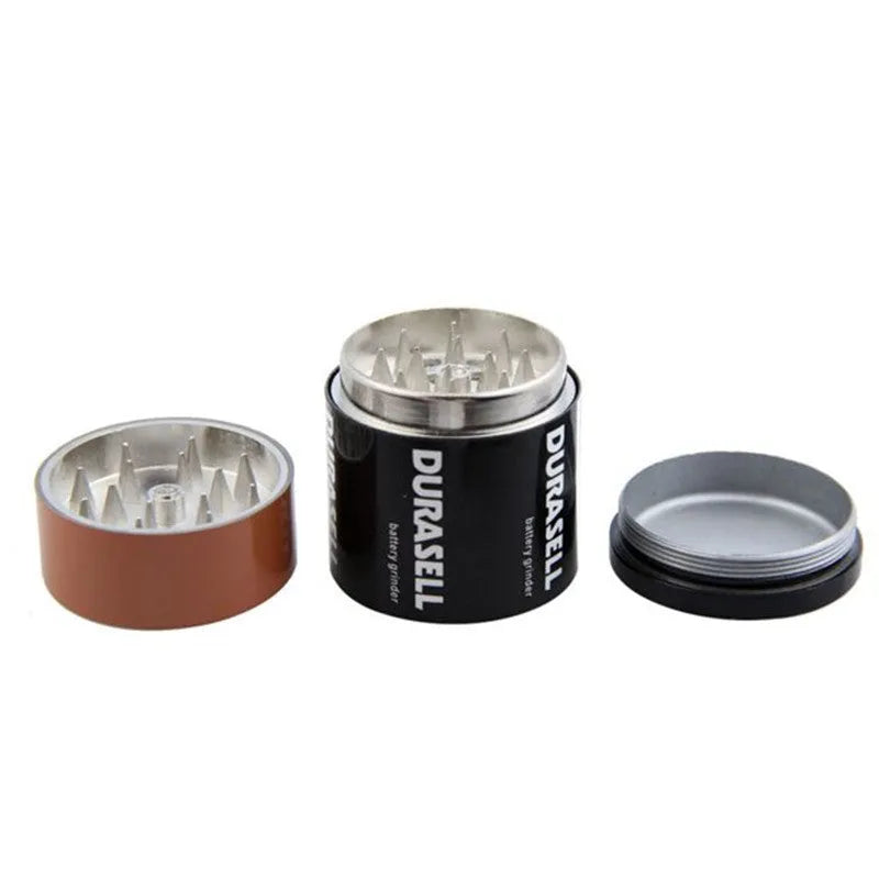 Black zinc alloy battery-shaped grinder, 55mm, with keychain and bottle opener