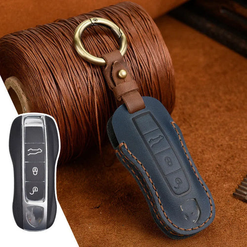 Genuine leather Porsche key case with retro bag buckle in blue and brown colour options