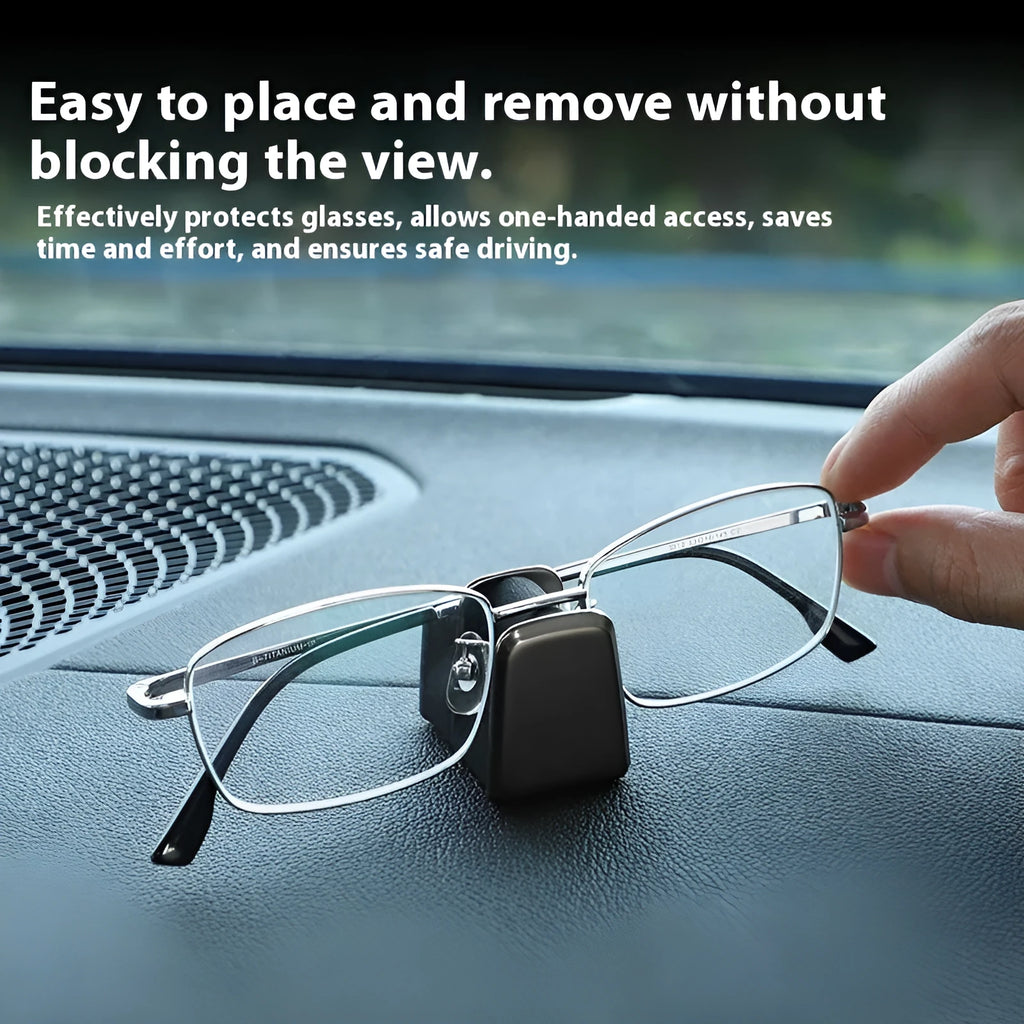Car dashboard glasses holder in zinc alloy with leather trim, measuring 3.7x3.2x2.5cm