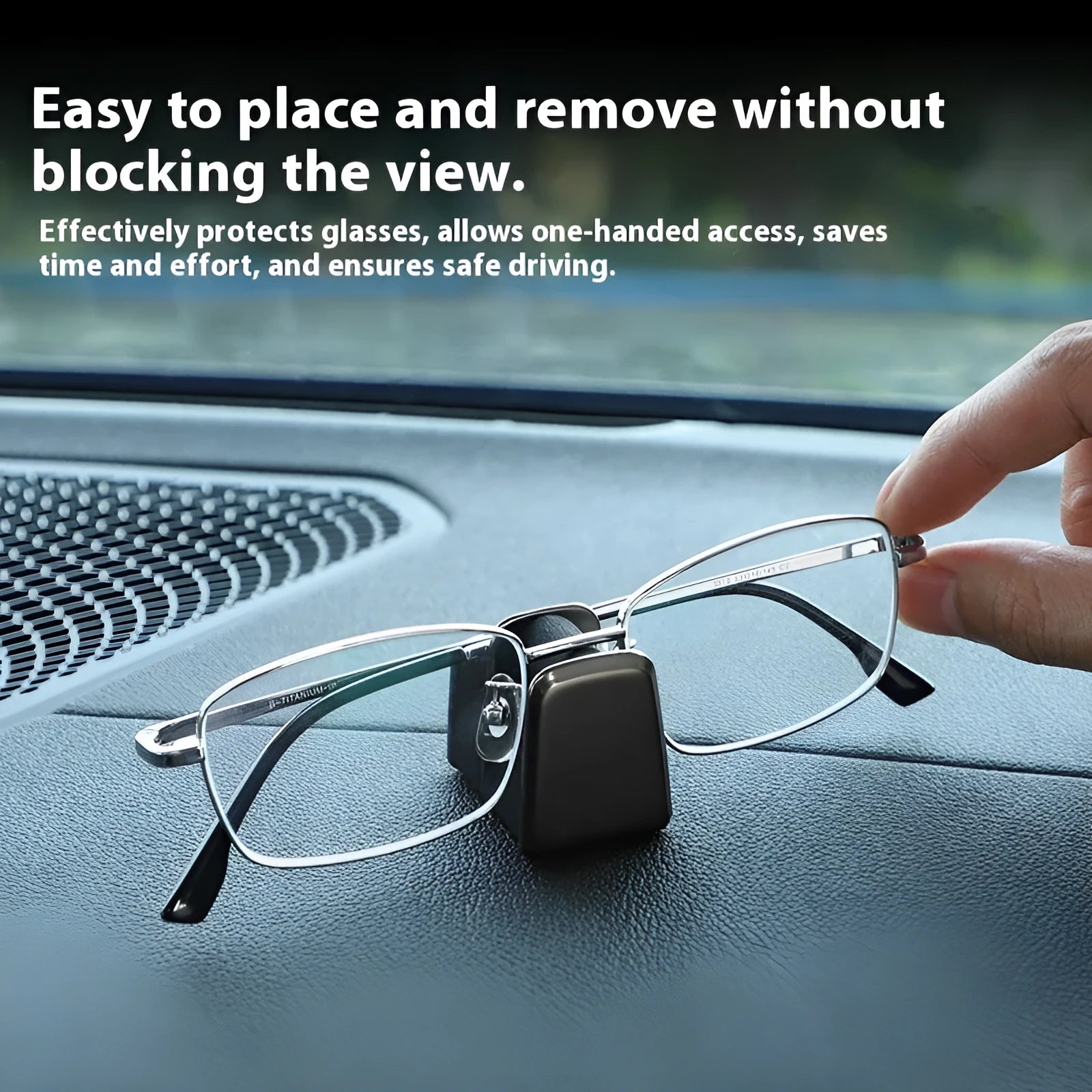 Car dashboard glasses holder in zinc alloy with leather trim, measuring 3.7x3.2x2.5cm