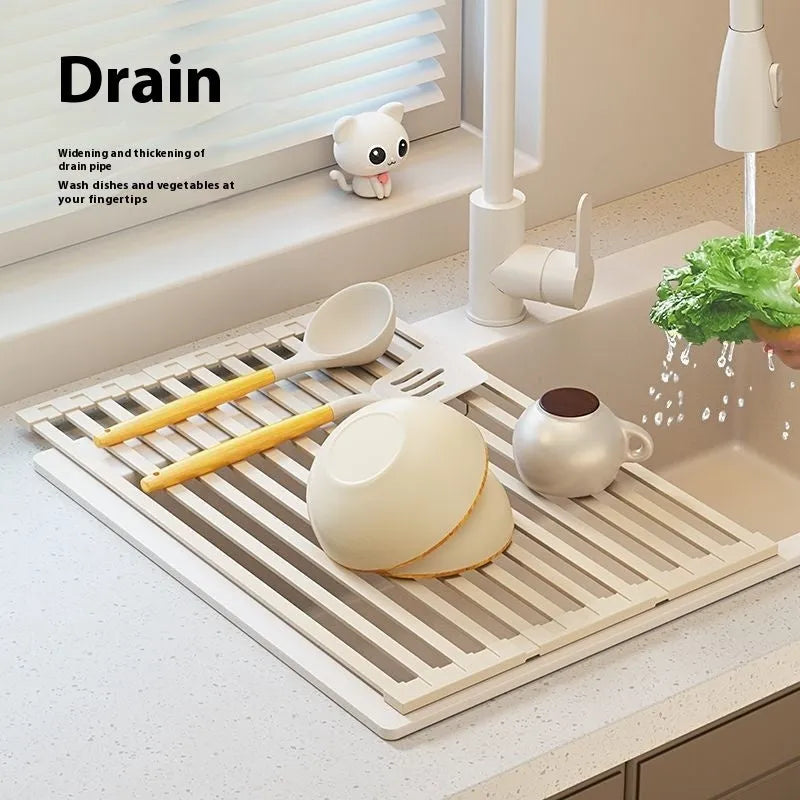 Foldable milky white 304 stainless steel kitchen draining rack showing collapsed and expanded positions