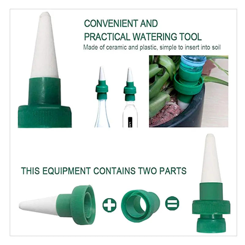 Green ceramic plant watering dripper attached to cola bottle for automatic irrigation