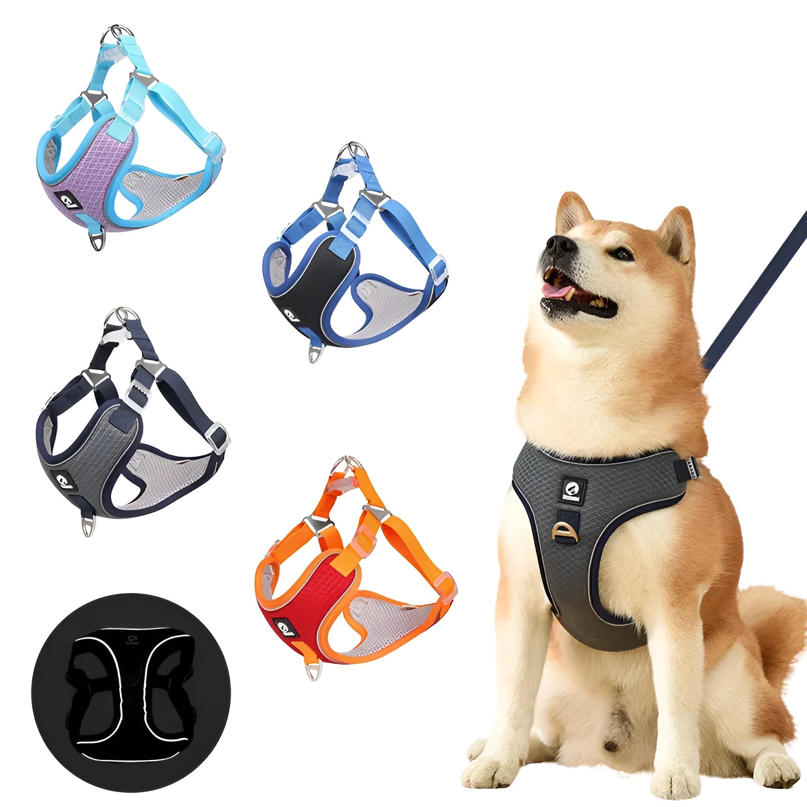 Adjustable mesh dog harness with reflective strips in black, red, grey, or light purple.