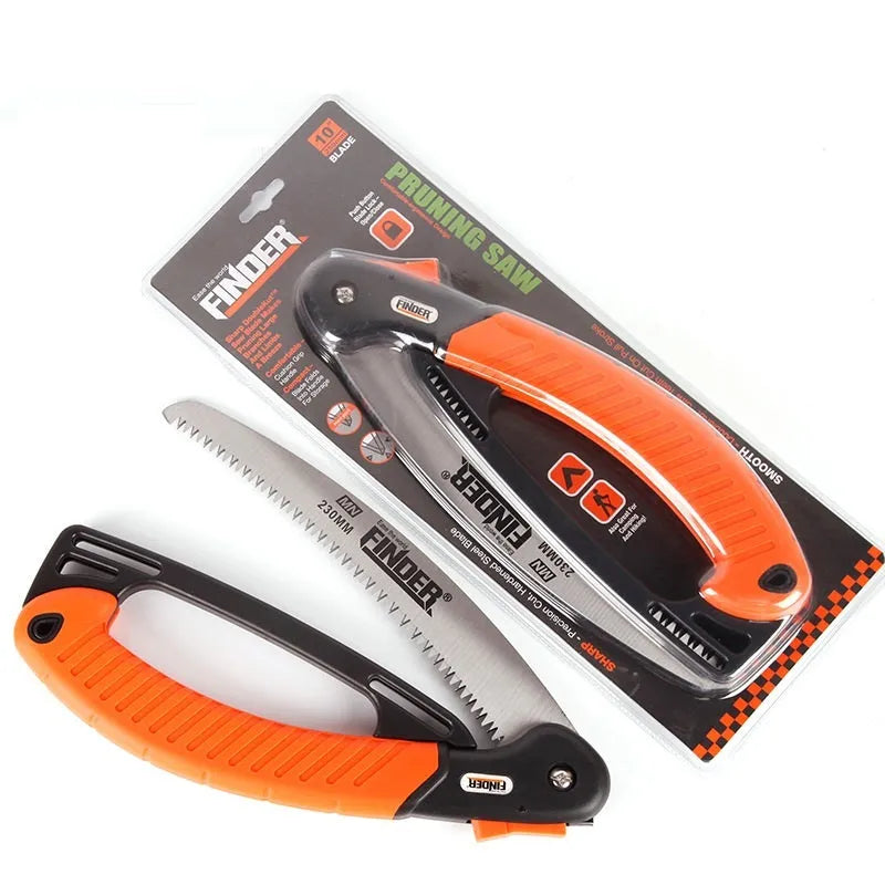 Folding garden hand saw with extended 230mm 65MN steel blade and TPR grip, shown closed and open.