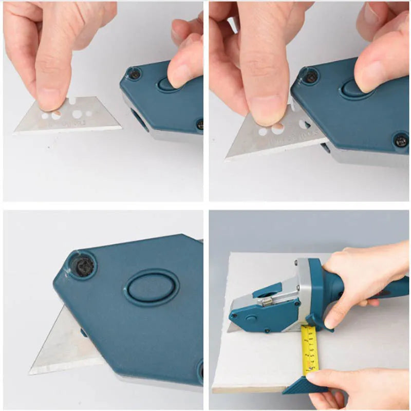 Blue multifunctional woodworking cutter with aluminium alloy body and measurement scale for dust-free board cutting.