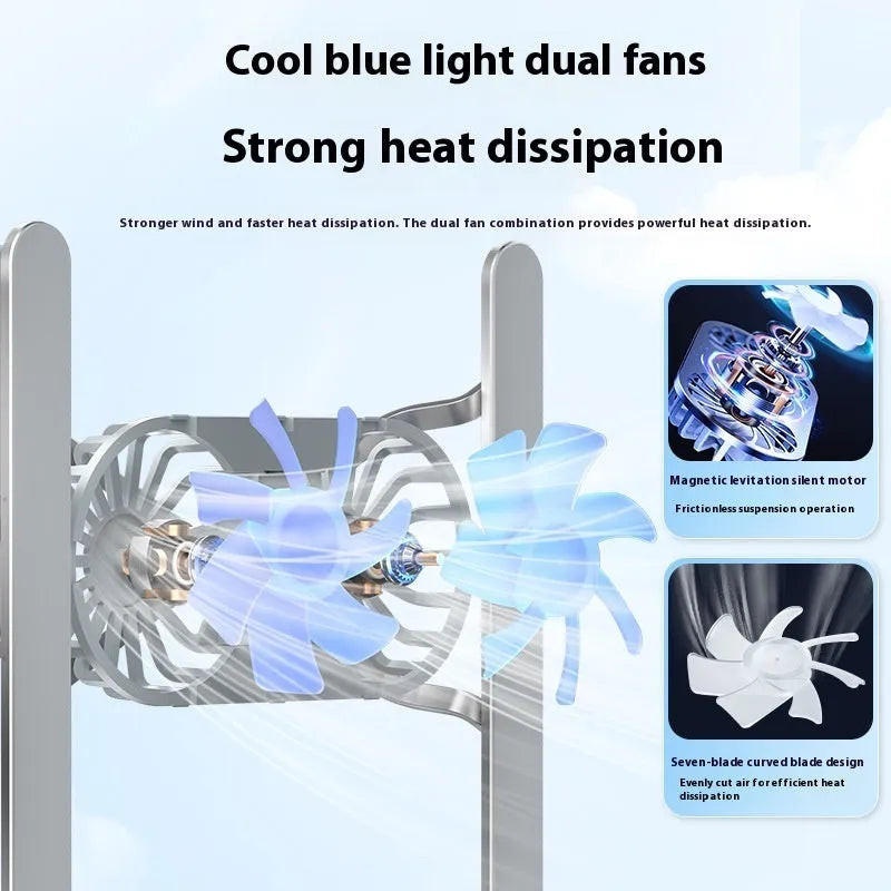 Silver aluminium laptop cooling stand with twin fans and height adjustment mechanism