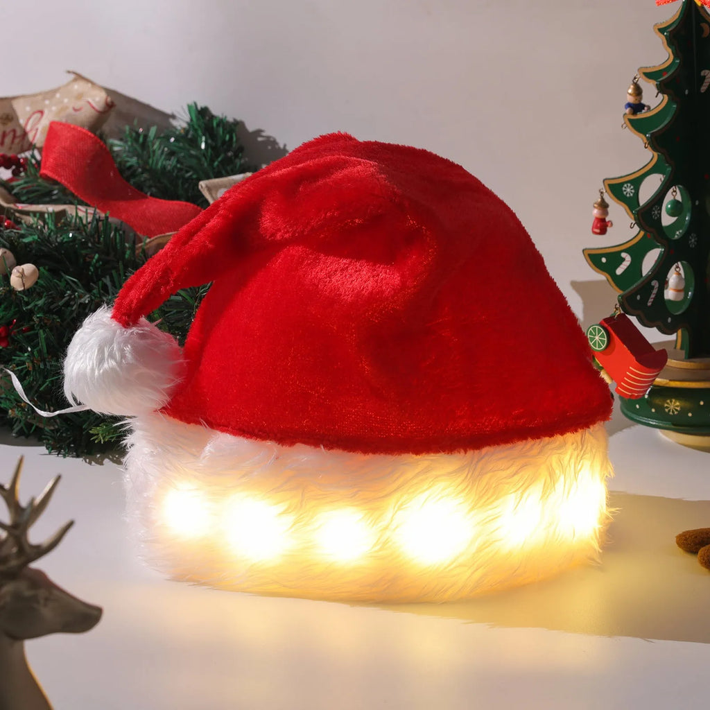 Red and white plush Santa hat with white pom-pom and 20 glowing LED lights on the brim.