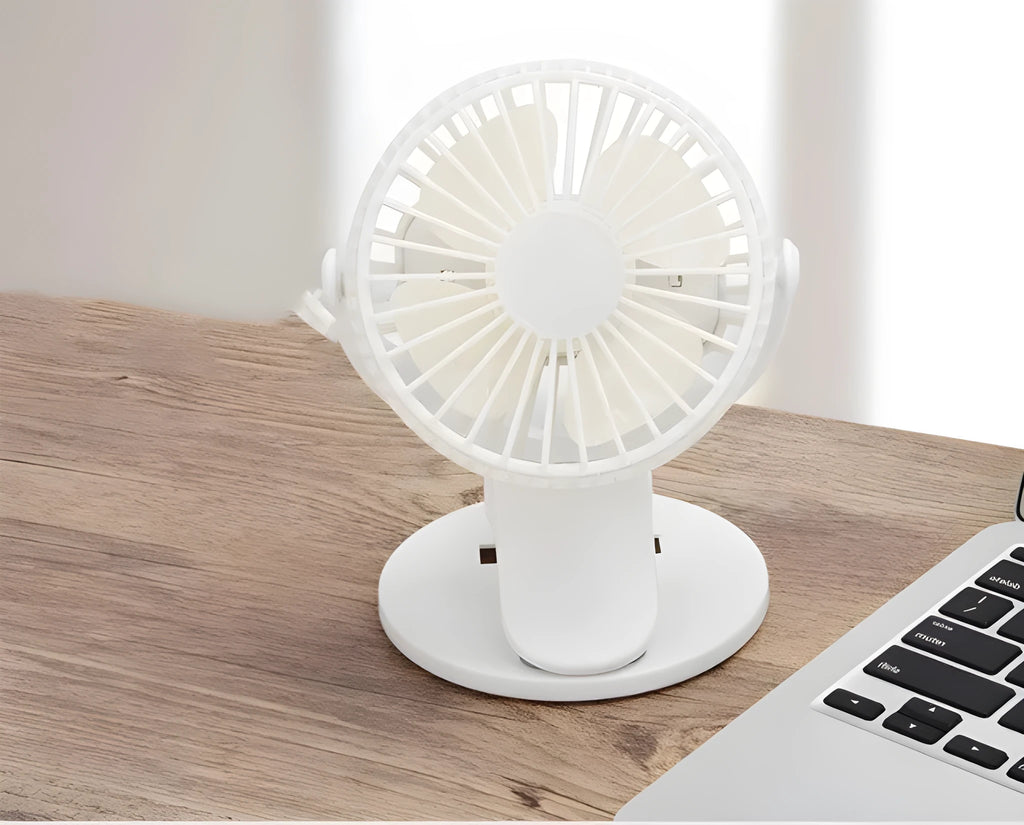 White USB rechargeable clip fan with brushless motor attached to a stroller handle.