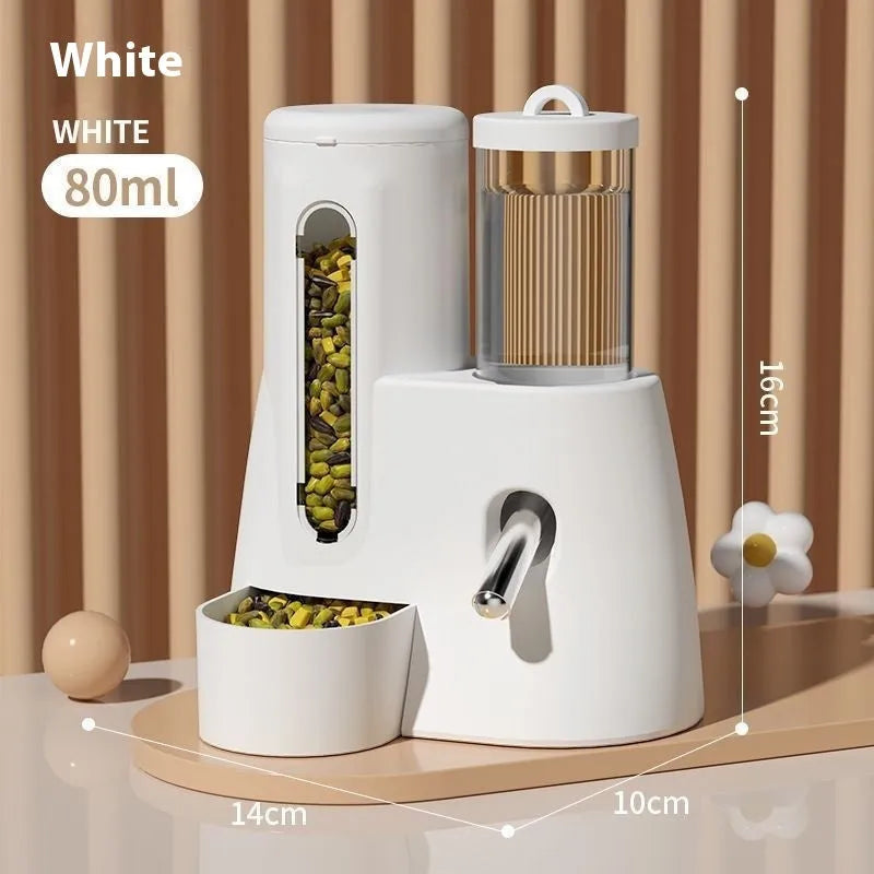 White hamster automatic drinking water feeder with combined food basin for cage mounting