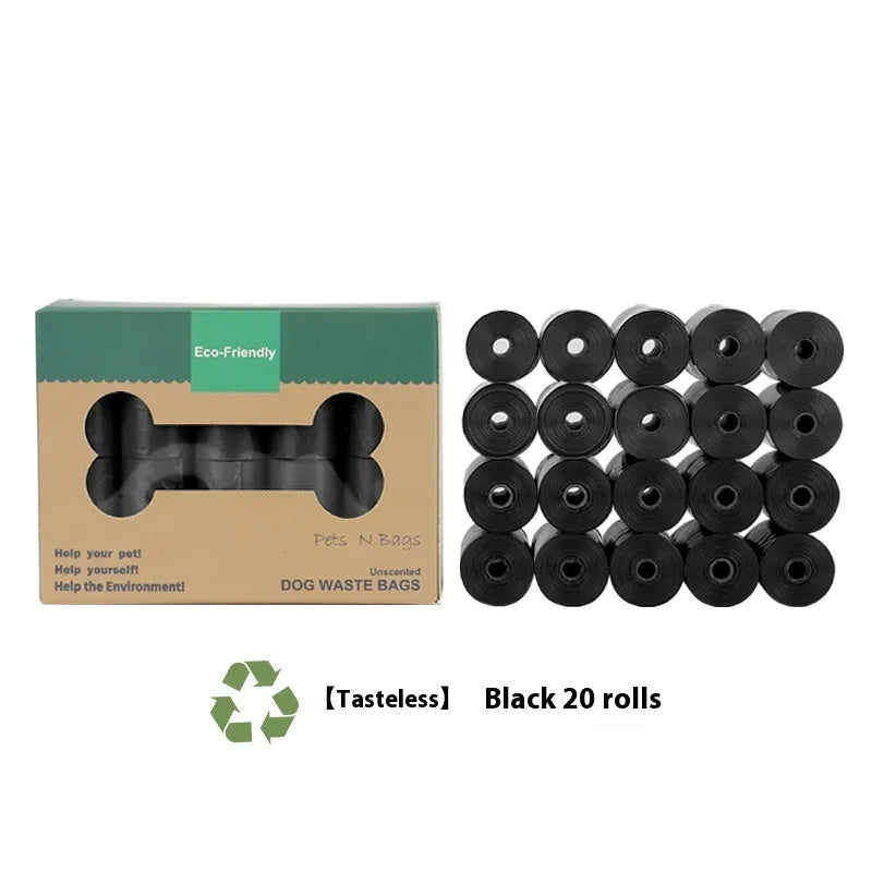 Roll of EPI degradable, thickened pet waste bags in green, shown with a lavender scent or unscented label option.