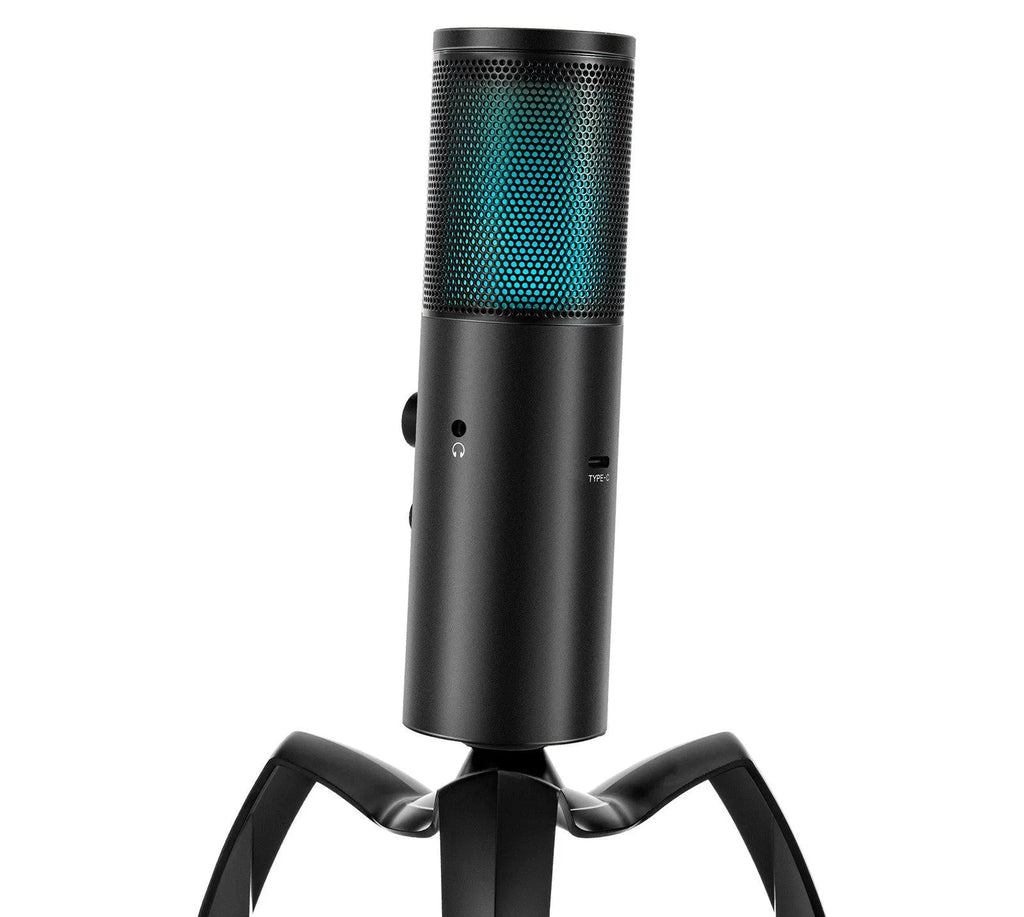 Black Q18 USB condenser microphone with RGB lighting on adjustable metal tripod