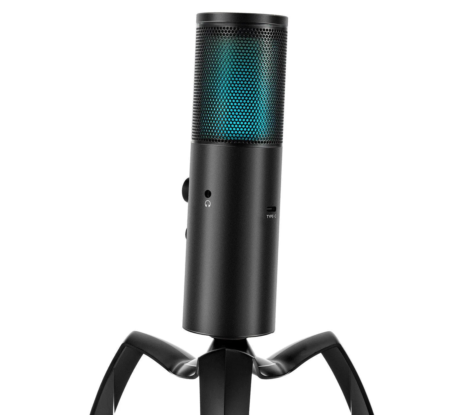 Black Q18 USB condenser microphone with RGB lighting on adjustable metal tripod