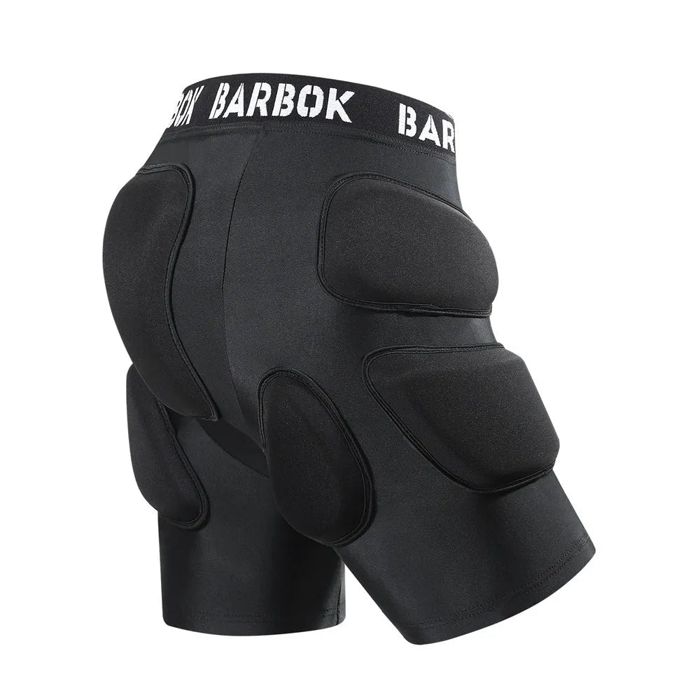 Black protective hip pad made of spandex with NBR foam padding for roller skating and skateboarding.