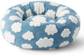 Round plaid dog bed with a plastic base in sea blue and white colour.