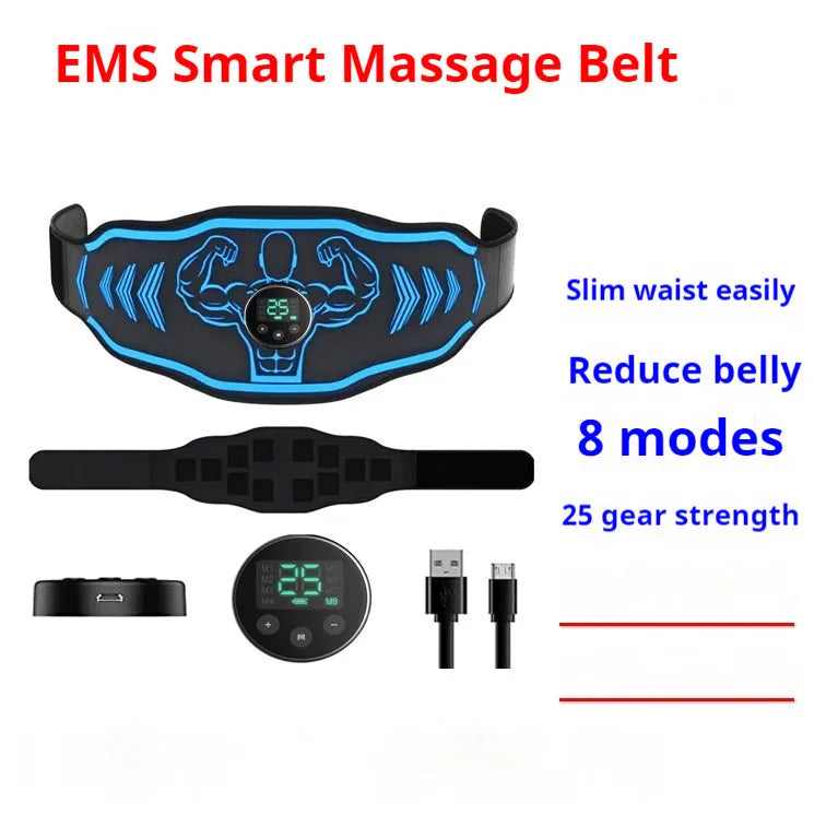 Blue rechargeable EMS smart massage belt with arm stickers and timing function