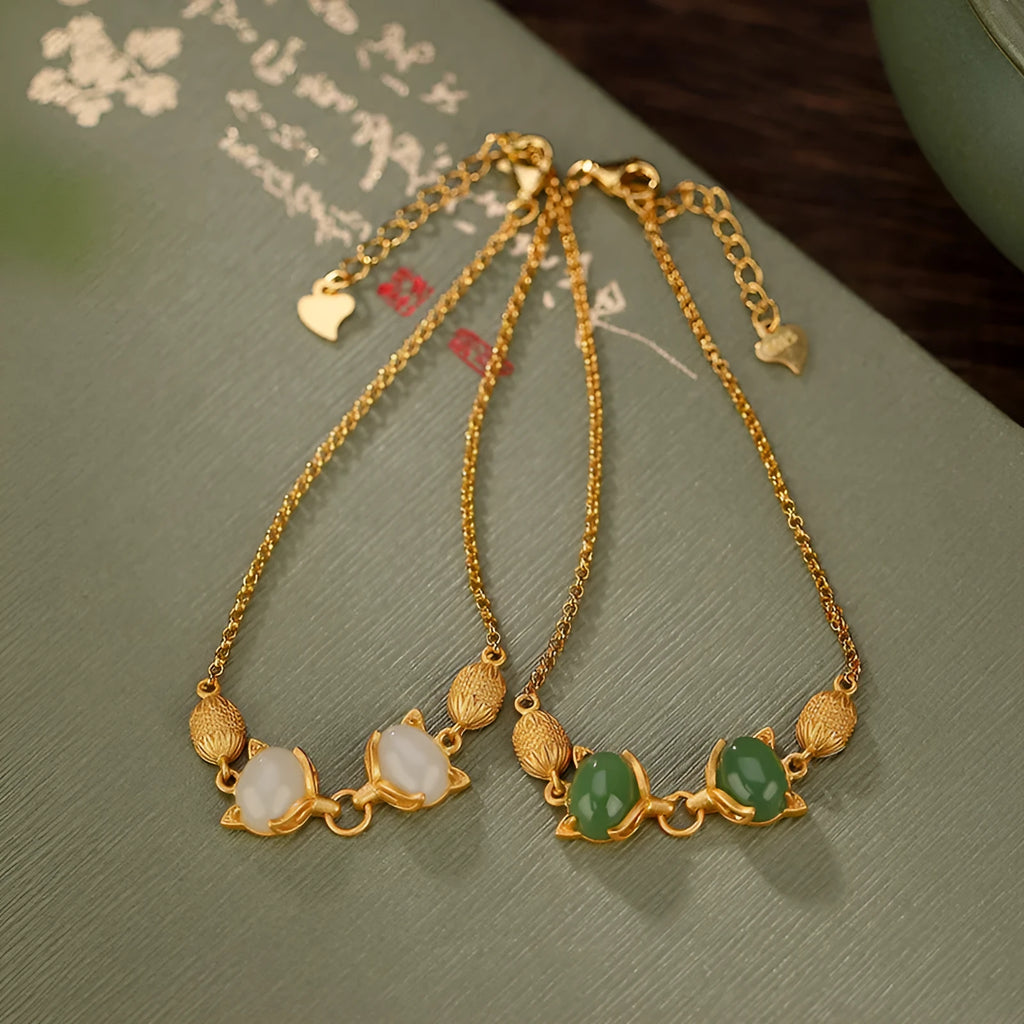 925 silver fox bracelet for women with Hetian jade style bead, 17cm chain and 3cm extension