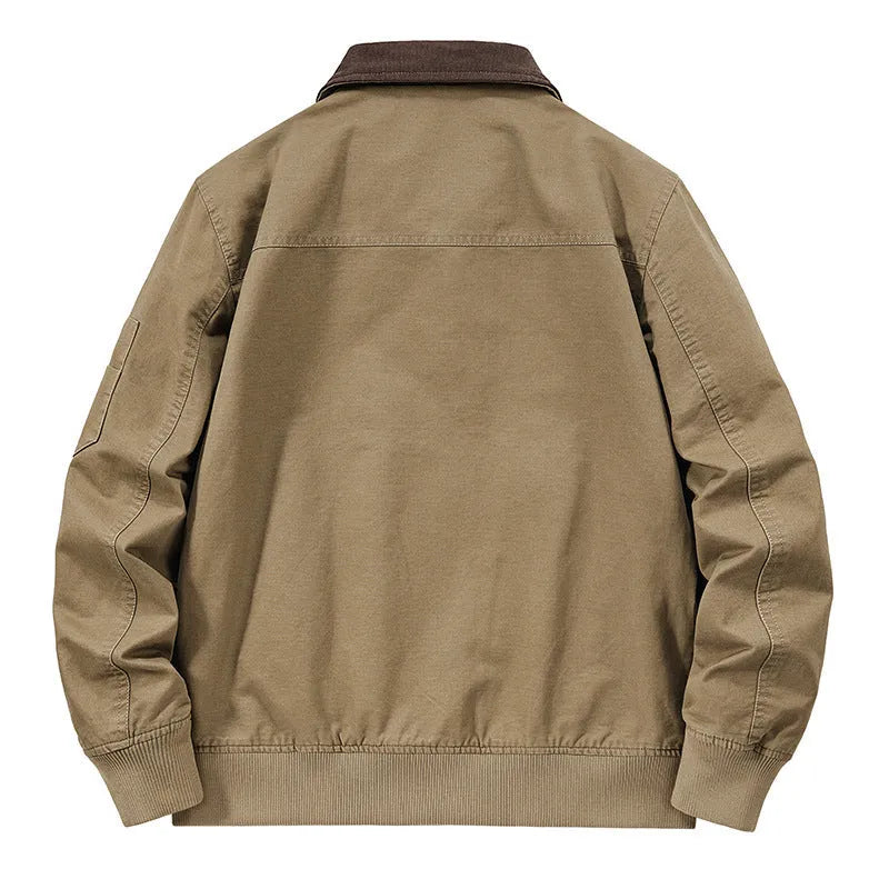 Plus size men's beige washed cotton baseball flight jacket on a hanger
