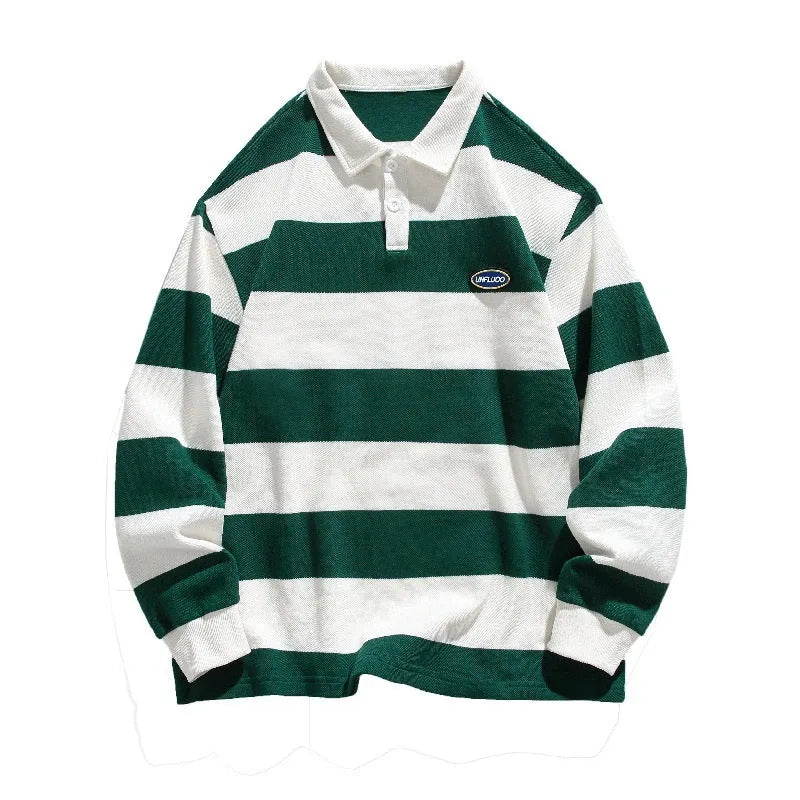 A loose-fit, long-sleeved pearl cotton polo shirt in sapphire blue, wheat green, or coffee colour.
