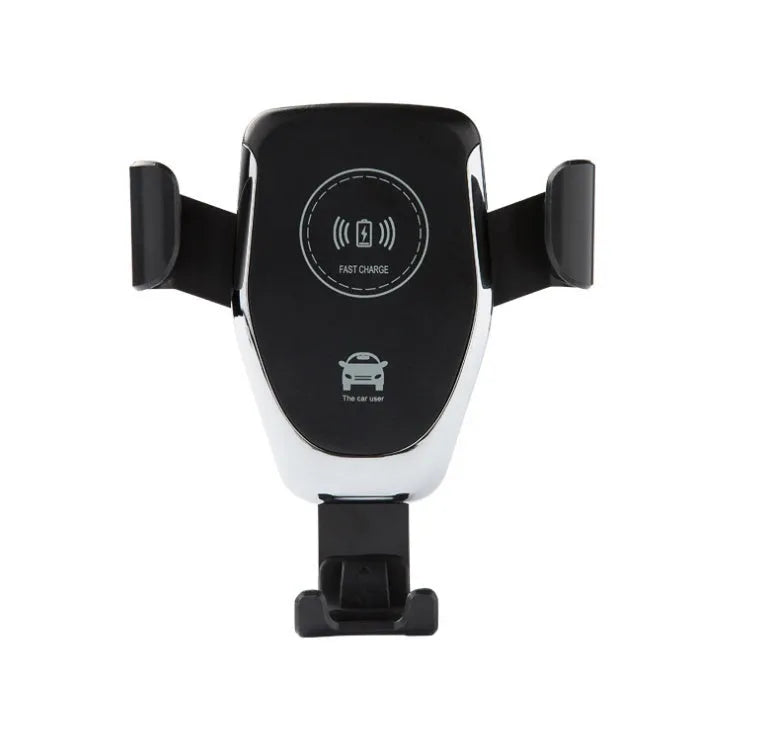 Black wireless car charger with automatic clamp mounted on vehicle vent holding Apple iPhone