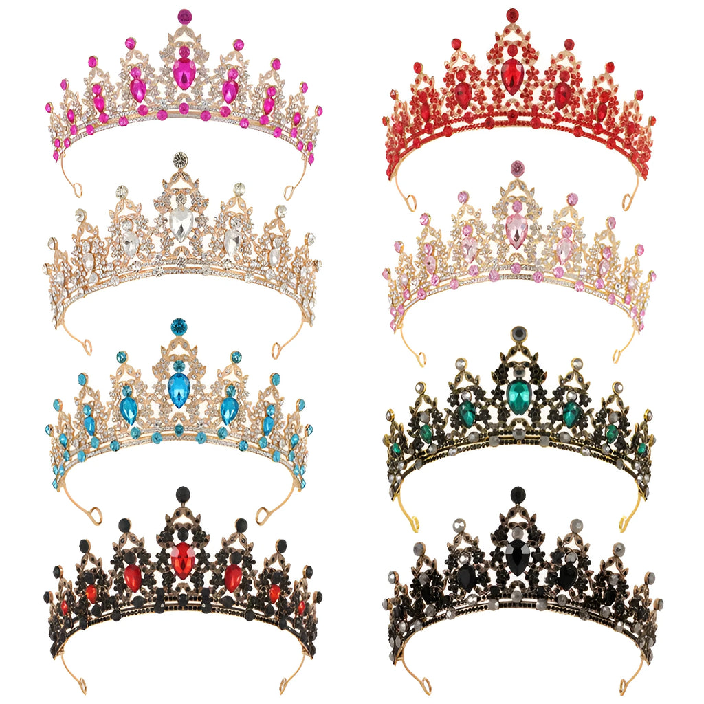 Baroque style crown headdress with rhinestone details in silver or gold alloy finish for bridal use