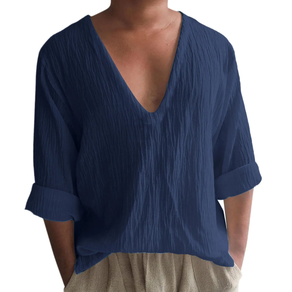 Men's long sleeve V-neck T-shirt in washed cotton available in multiple solid colours