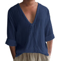 Men's long sleeve V-neck T-shirt in washed cotton available in multiple solid colours