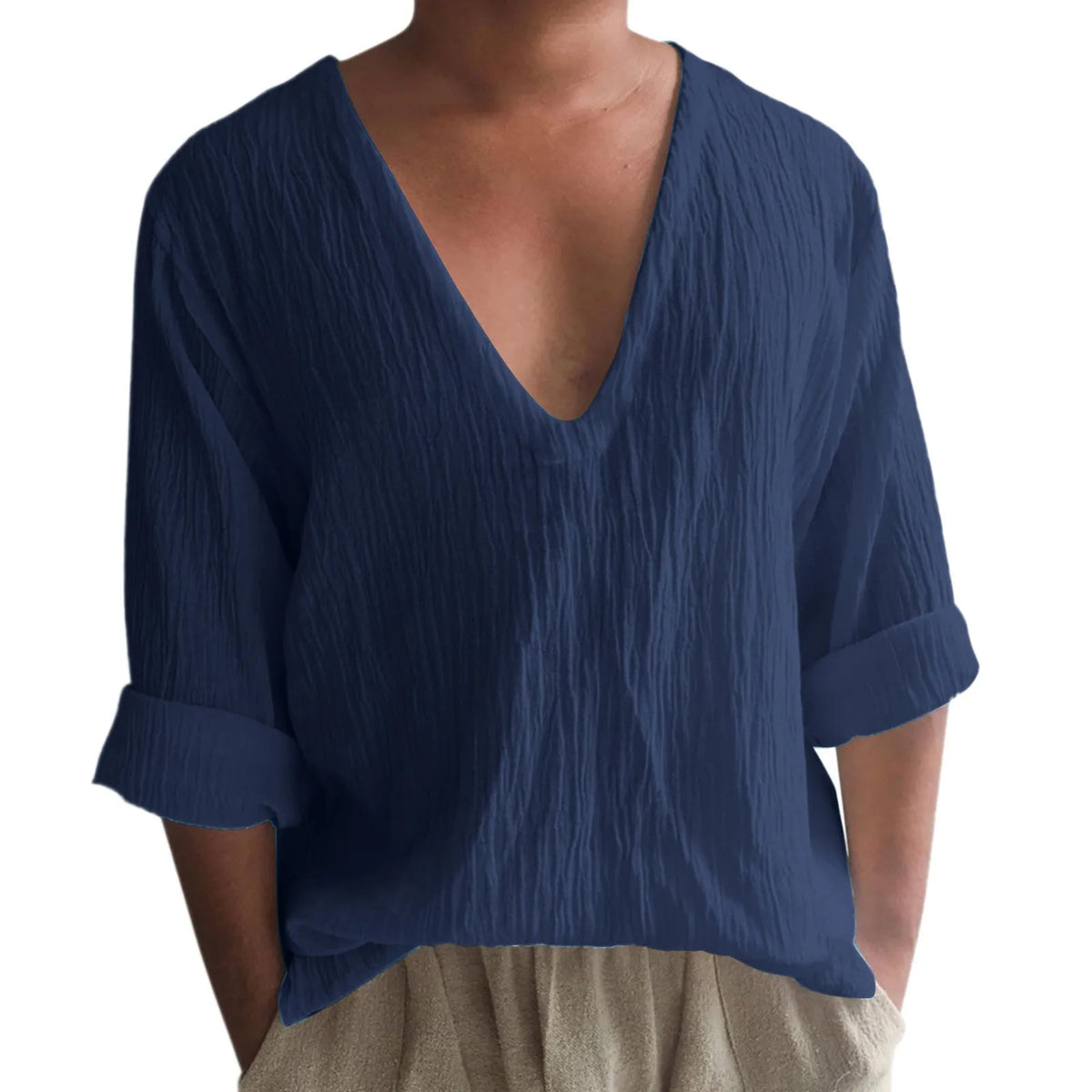 Men's long sleeve V-neck T-shirt in washed cotton available in multiple solid colours